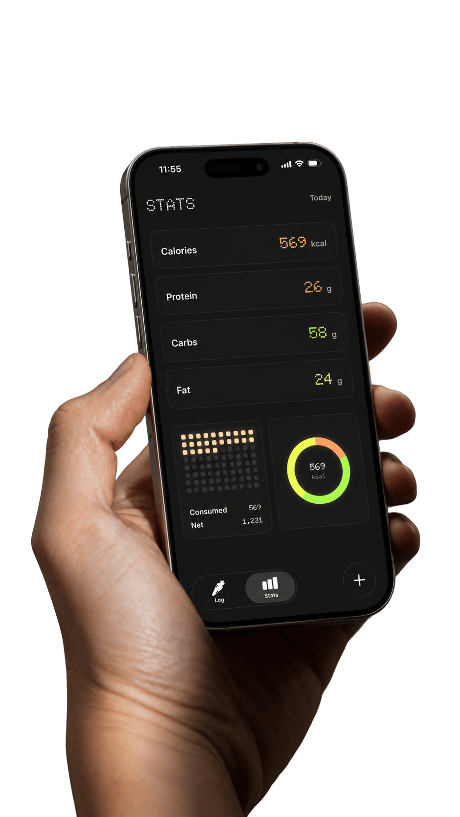 Bolter stats screen showing calories, protein, carbs, and fat